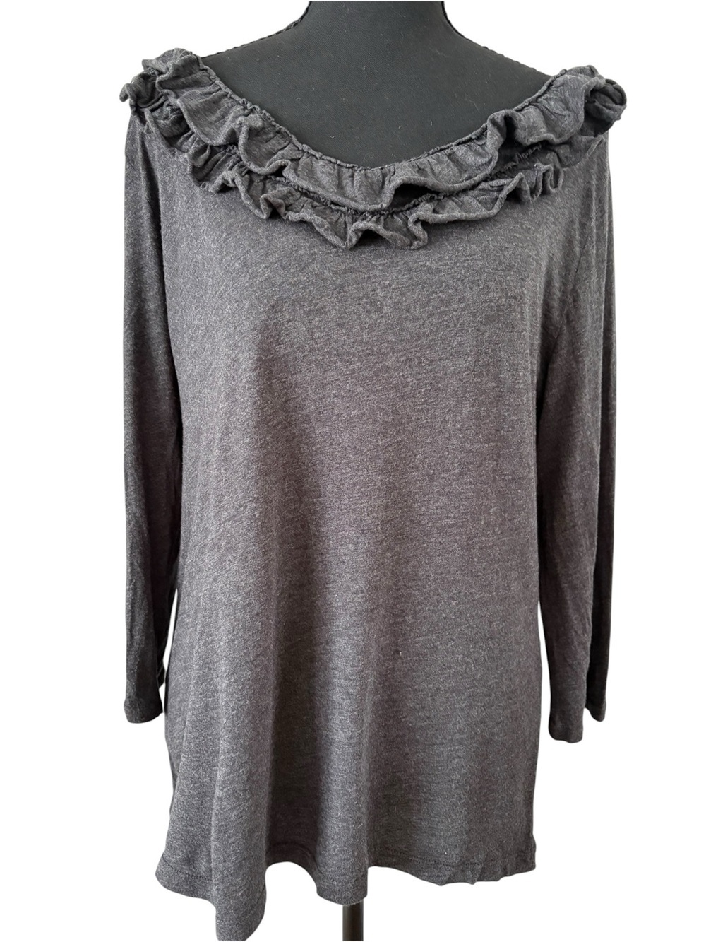 LOFT Double Ruffle Neck Long Sleeve Top - Charcoal